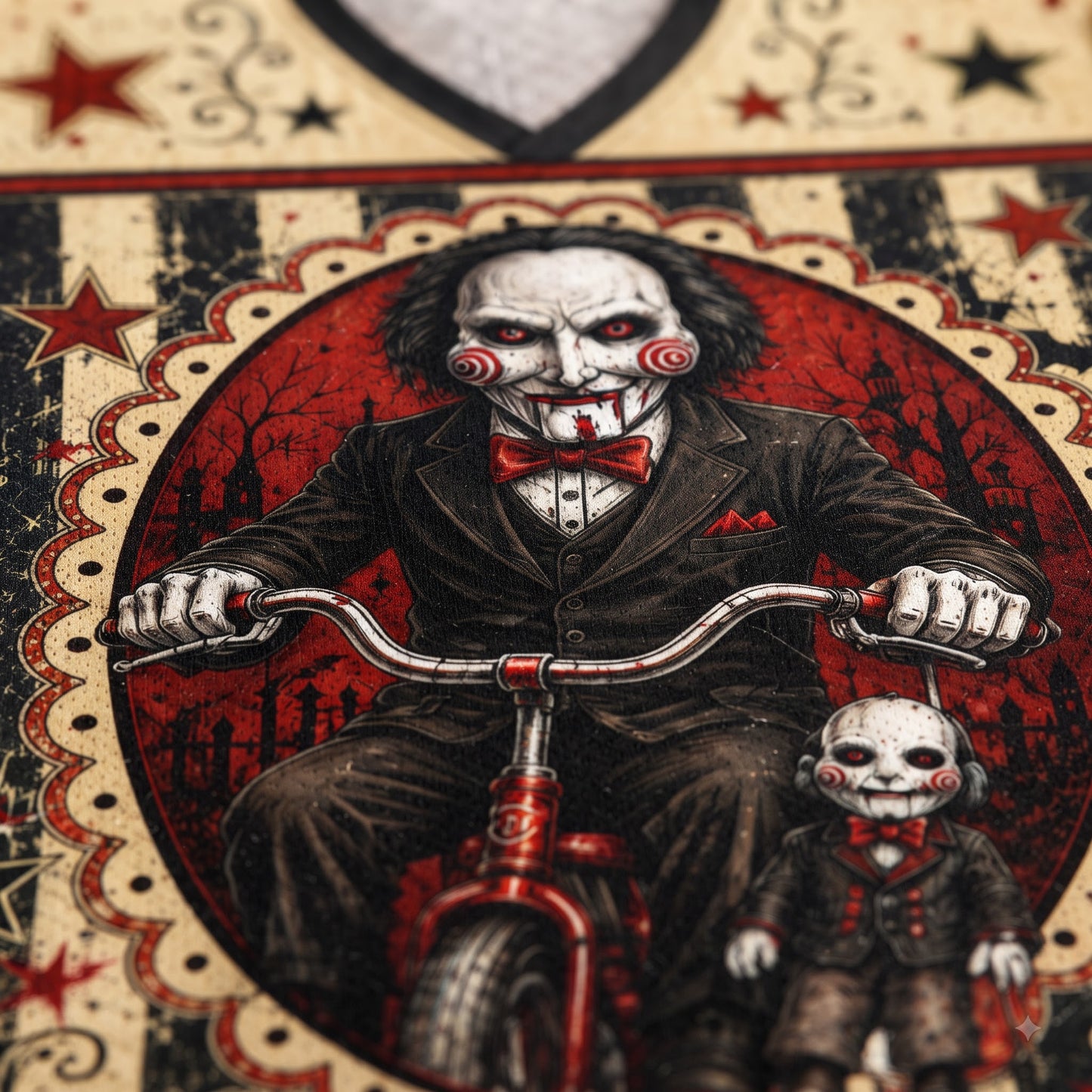 A close-up of a horror-themed graphic print featuring a man in a black suit riding a red tricycle with a smaller matching doll beside him, set against a distressed vintage card design with stars and red circular framing.