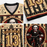 A four-panel product collage showing a Halloween-themed sports jersey design. The top-left panel shows the V-neck collar and upper chest with a distressed cream jersey pattern, black trim, red stars, and part of a skull graphic.