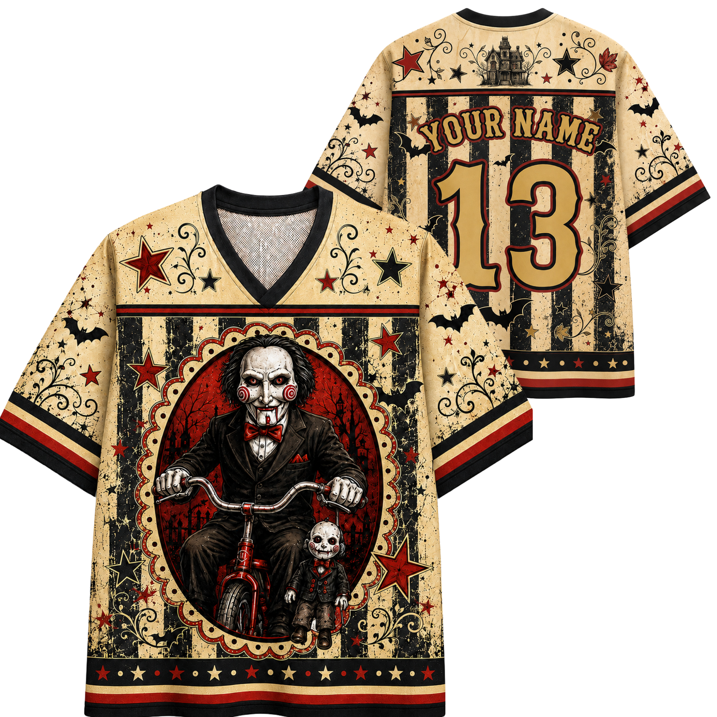 A custom-themed baseball-style shirt shown from both front and back. The shirt has a distressed beige, black, and red circus/gothic design with a large circular portrait of a man on a bicycle, a small skull figure, stars, bats, and decorative swirls.