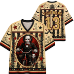 A custom-themed baseball-style shirt shown from both front and back. The shirt has a distressed beige, black, and red circus/gothic design with a large circular portrait of a man on a bicycle, a small skull figure, stars, bats, and decorative swirls.