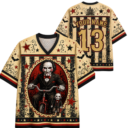 A custom-themed baseball-style shirt shown from both front and back. The shirt has a distressed beige, black, and red circus/gothic design with a large circular portrait of a man on a bicycle, a small skull figure, stars, bats, and decorative swirls.