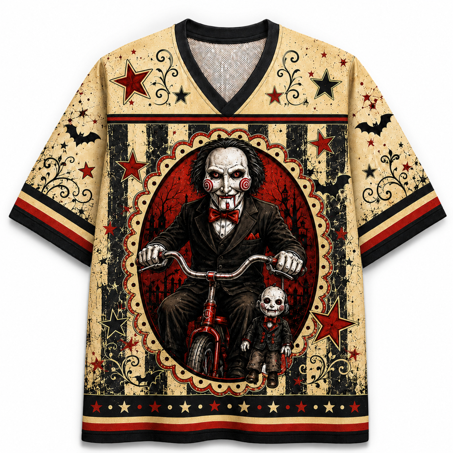 A short-sleeve V-neck t-shirt featuring a detailed graphic print of Leatherface on a red tricycle with Billy the Puppet in front, set against a distressed beige, black, and red circus-style background.