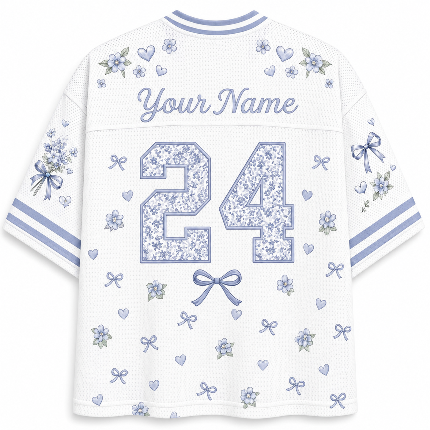 White mesh custom sports jersey shown from the back, featuring a floral patterned number 24, 'Your Name' text, and matching blue and lavender floral prints on the sleeves and shoulders.