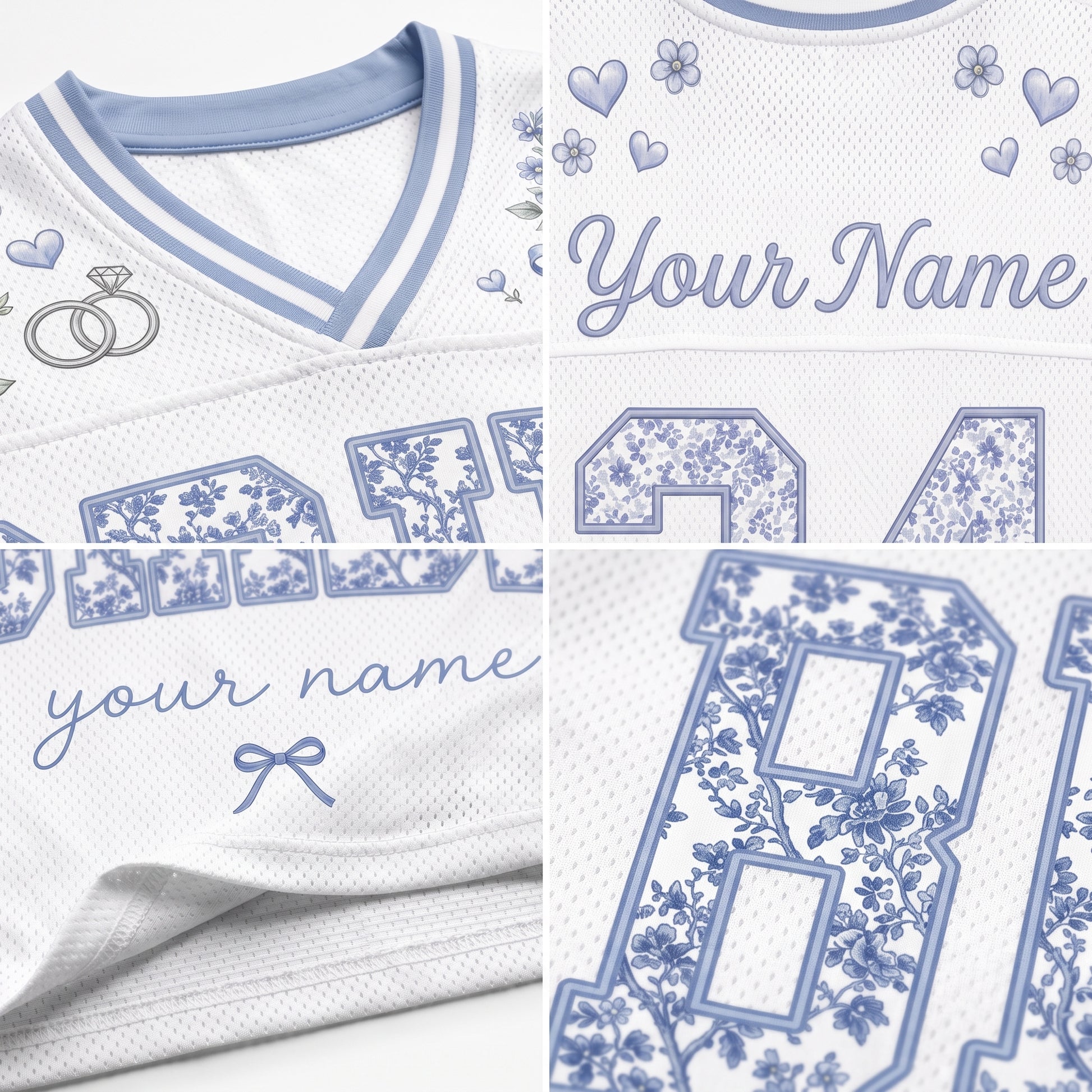 White mesh athletic jersey with light blue trim and blue floral print details, shown in a three-panel close-up collage. The panels highlight the collar, customizable script text reading 'Your Name' with floral accents, and large floral-number lettering.