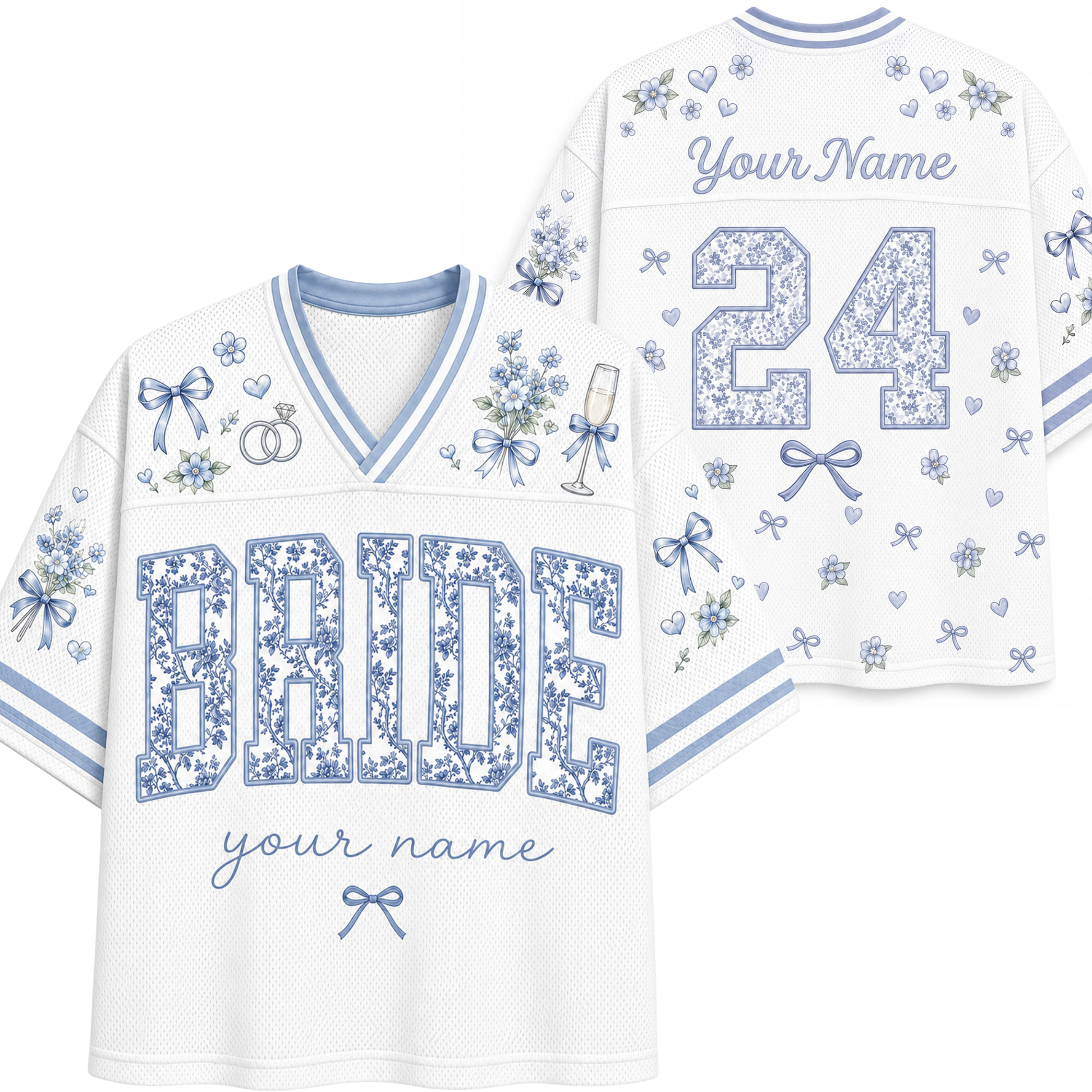 White and light blue custom football-style jersey shown from the front and back, with floral-patterned 'BRIDE' lettering, the number 24, script 'Your Name', and small bow and floral motifs.