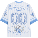 White and light blue striped short-sleeve t-shirt with 'Save the Date' text, floral number '00' graphics, and wedding rings on the back.