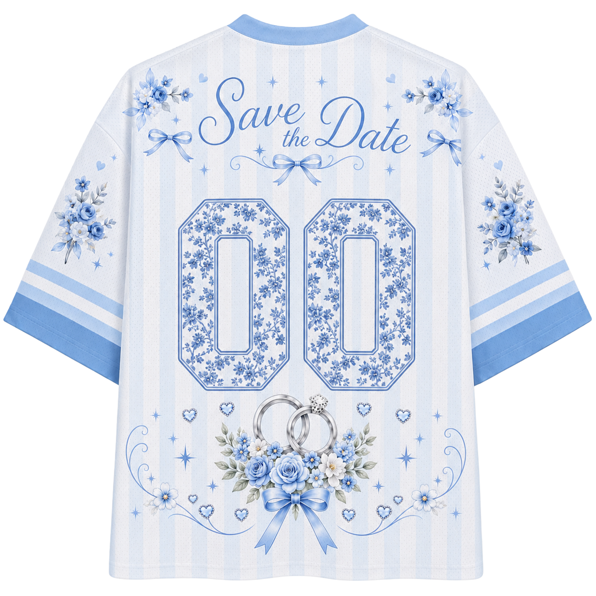 White and light blue striped short-sleeve t-shirt with 'Save the Date' text, floral number '00' graphics, and wedding rings on the back.