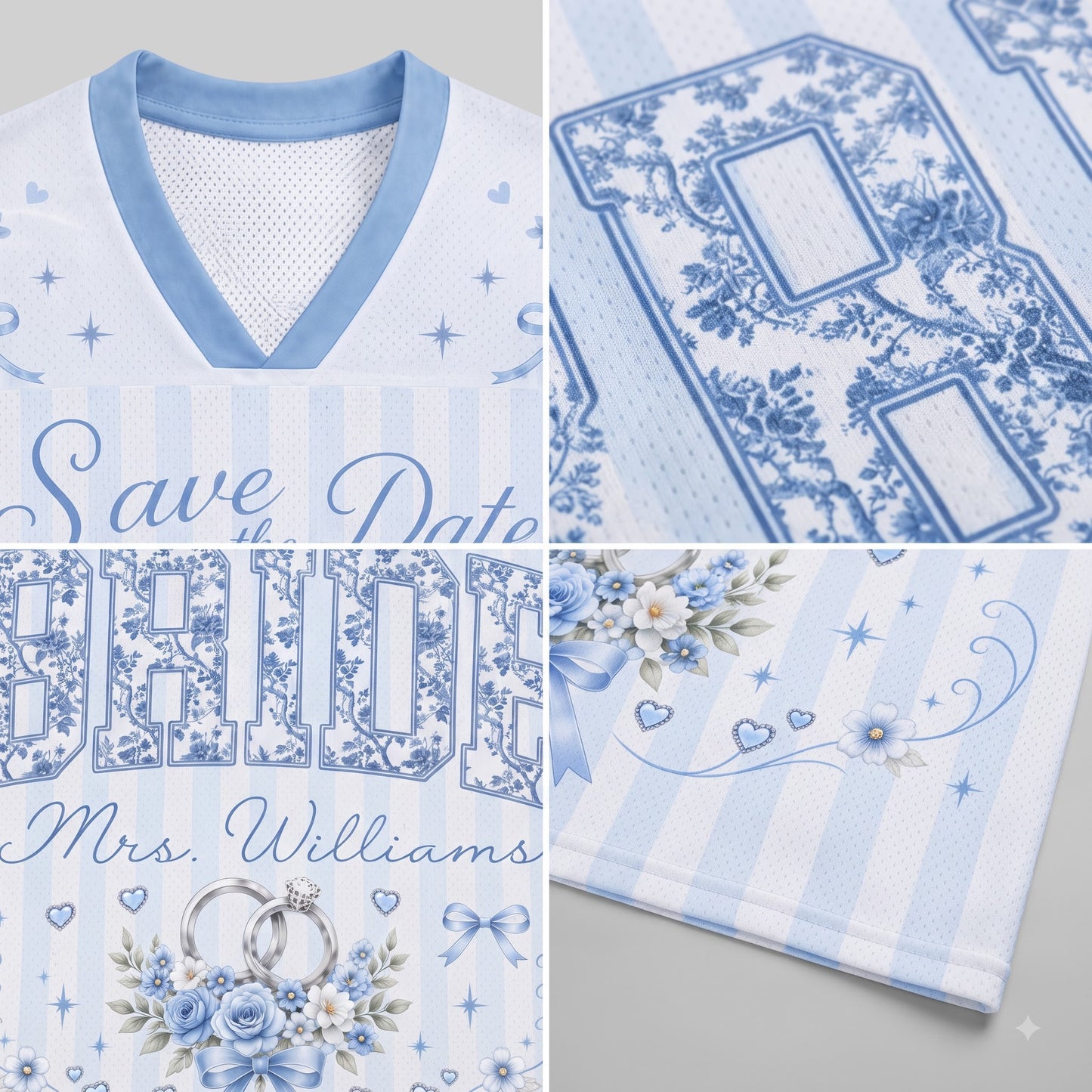 A collage showing a light blue and white striped mesh sports jersey with blue floral and ribbon print details, including a V-neck trim, a large number 8, 'Save the Date' script, 'Bride' and 'Mrs. Williams' text, and floral rings.