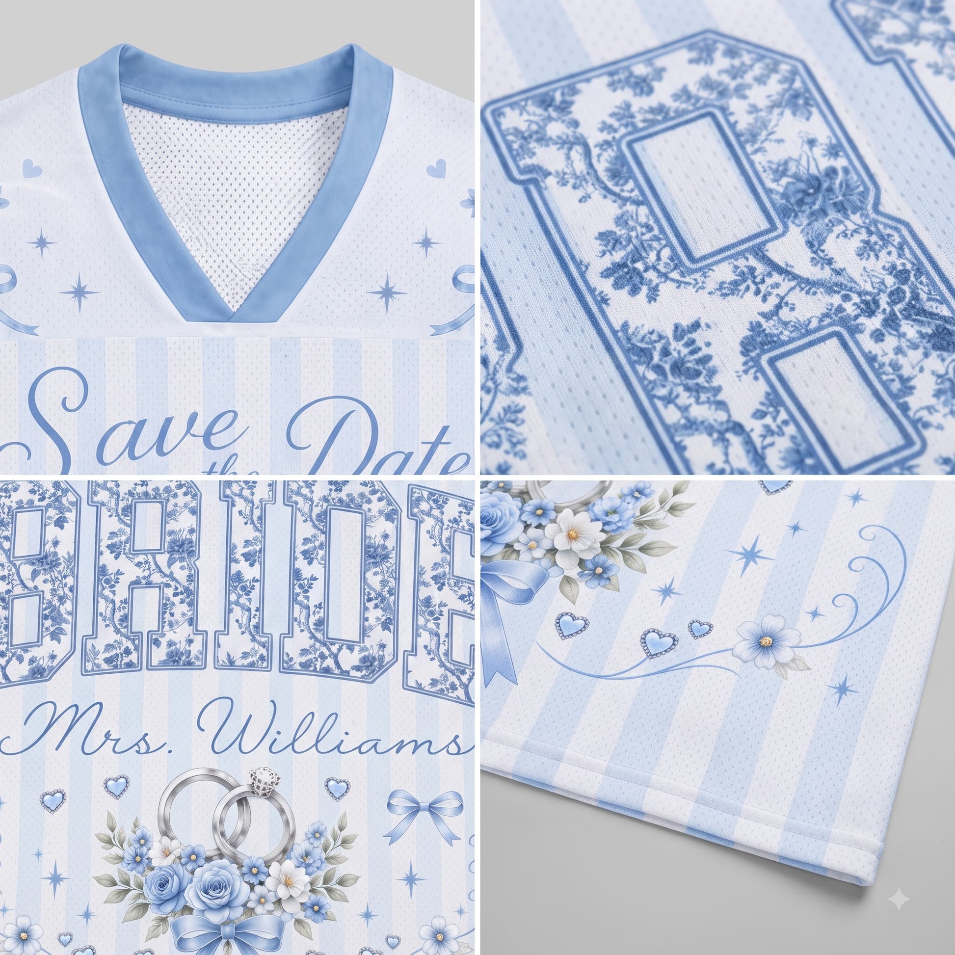 A collage showing a light blue and white striped mesh sports jersey with blue floral and ribbon print details, including a V-neck trim, a large number 8, 'Save the Date' script, 'Bride' and 'Mrs. Williams' text, and floral rings.