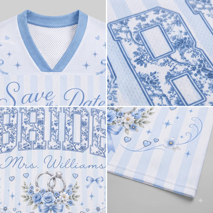 A collage showing a light blue and white striped mesh sports jersey with blue floral and ribbon print details, including a V-neck trim, a large number 8, 'Save the Date' script, 'Bride' and 'Mrs. Williams' text, and floral rings.