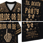 A collage showing multiple close-up views of a black V-neck graphic T-shirt. The shirt features leopard-print shoulder panels, large gold gothic text reading 'Bride or Die,' a skeleton hand giving the middle finger, skulls, rings, champagne glasses, and decorative gold motifs.