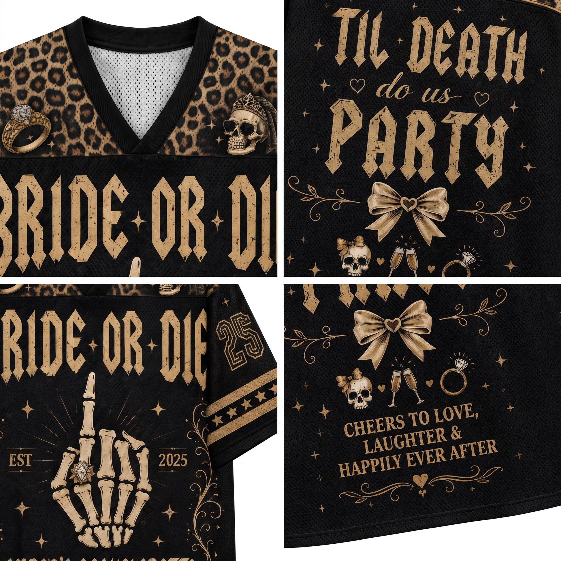 A collage showing multiple close-up views of a black V-neck graphic T-shirt. The shirt features leopard-print shoulder panels, large gold gothic text reading 'Bride or Die,' a skeleton hand giving the middle finger, skulls, rings, champagne glasses, and decorative gold motifs.
