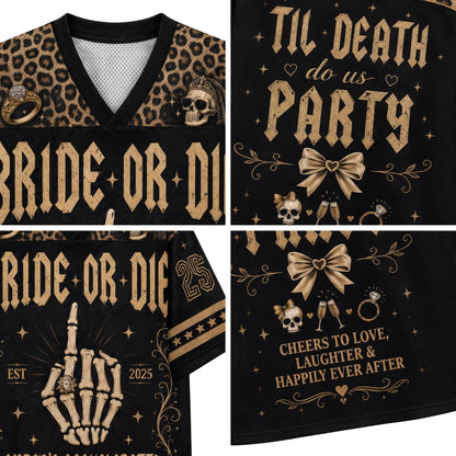 A collage showing multiple close-up views of a black V-neck graphic T-shirt. The shirt features leopard-print shoulder panels, large gold gothic text reading 'Bride or Die,' a skeleton hand giving the middle finger, skulls, rings, champagne glasses, and decorative gold motifs.