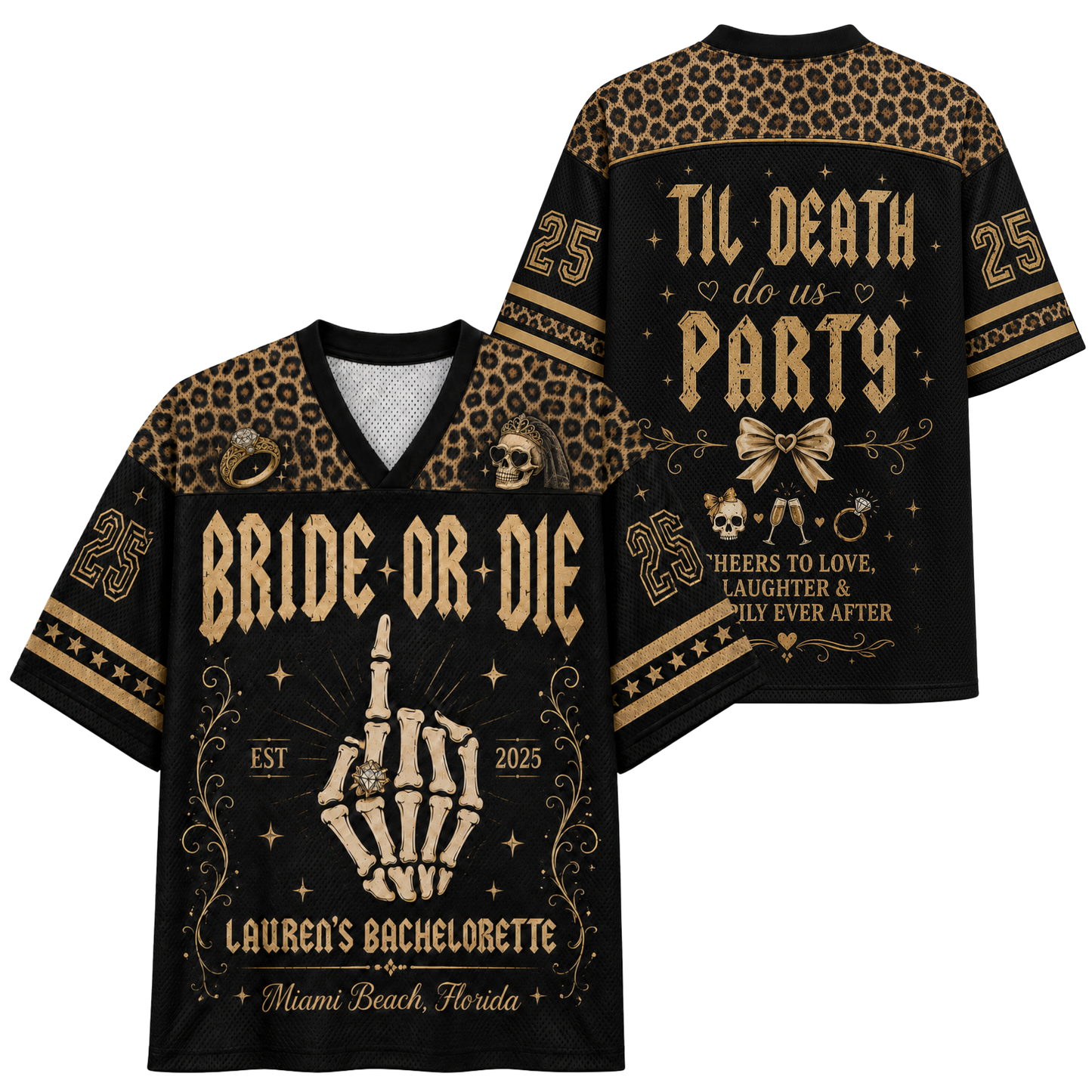 Black and leopard-print bachelorette-themed football jersey shown from the front and back, featuring gothic text, a skeleton hand holding a candle, skulls, and decorative gold details.