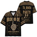 Black and leopard-print bachelorette-themed football jersey shown from the front and back, featuring gothic text, a skeleton hand holding a candle, skulls, and decorative gold details.