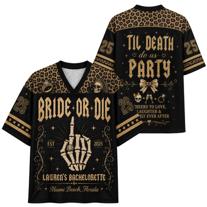 Black and leopard-print bachelorette-themed football jersey shown from the front and back, featuring gothic text, a skeleton hand holding a candle, skulls, and decorative gold details.