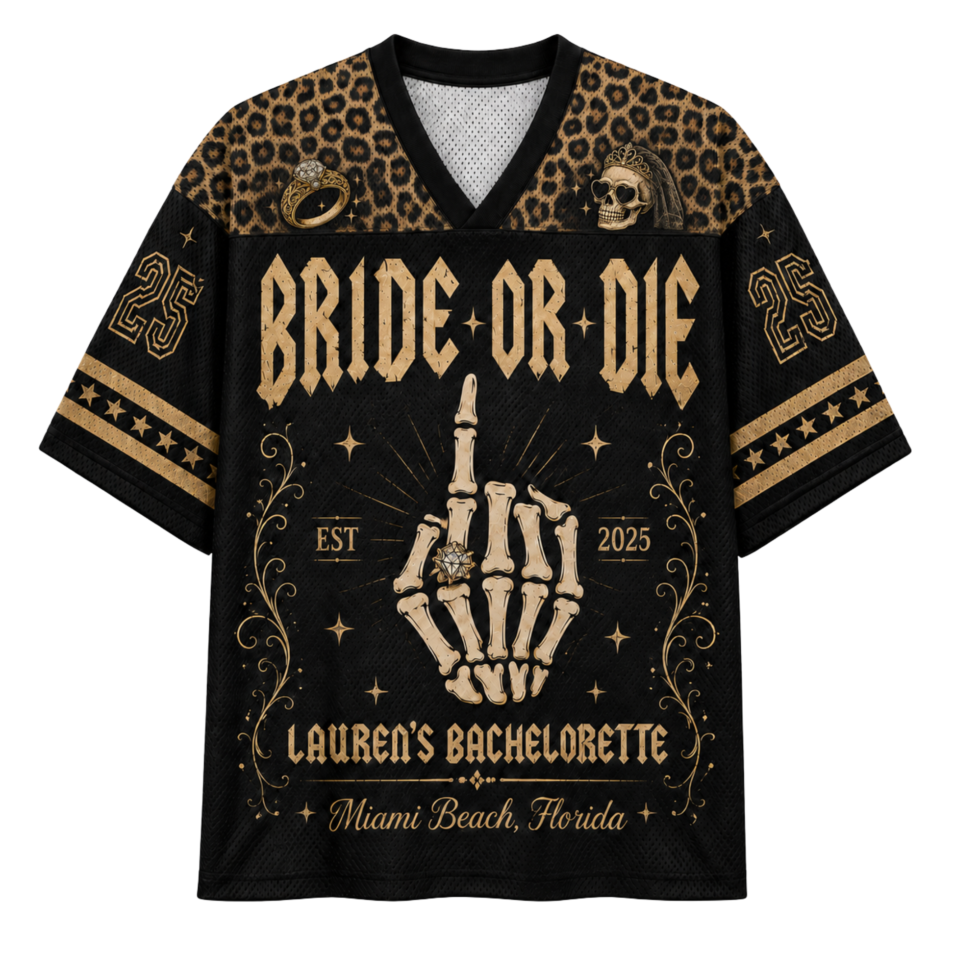 A women's short-sleeve V-neck t-shirt featuring a green frog in a yellow dress holding a diamond ring, with the text 'Engaged, m'lord' on the front. The shirt has sage green patterned sleeves and a cream-colored central panel.