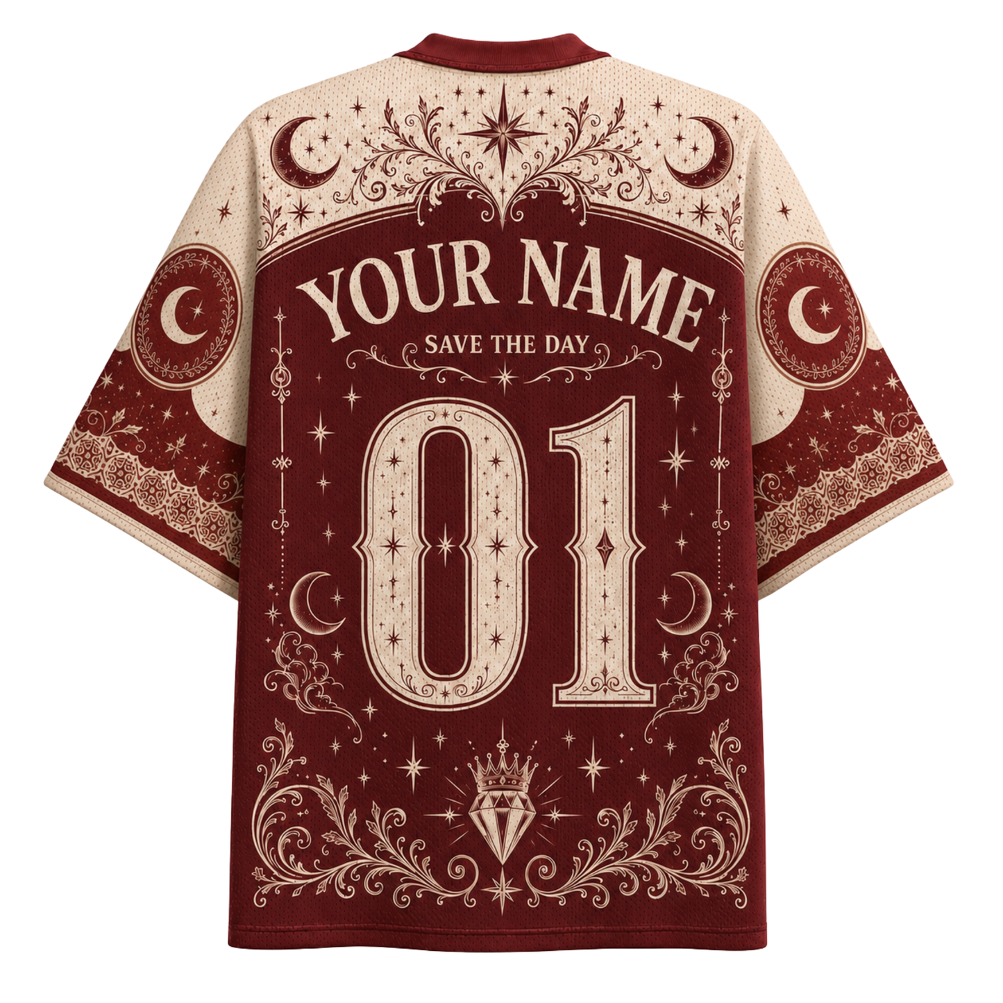 A custom short-sleeve t-shirt with a celestial theme, featuring a dark red and cream print with crescent moons, stars, and the text 'YOUR NAME', 'SAVE THE DAY', and '01'.
