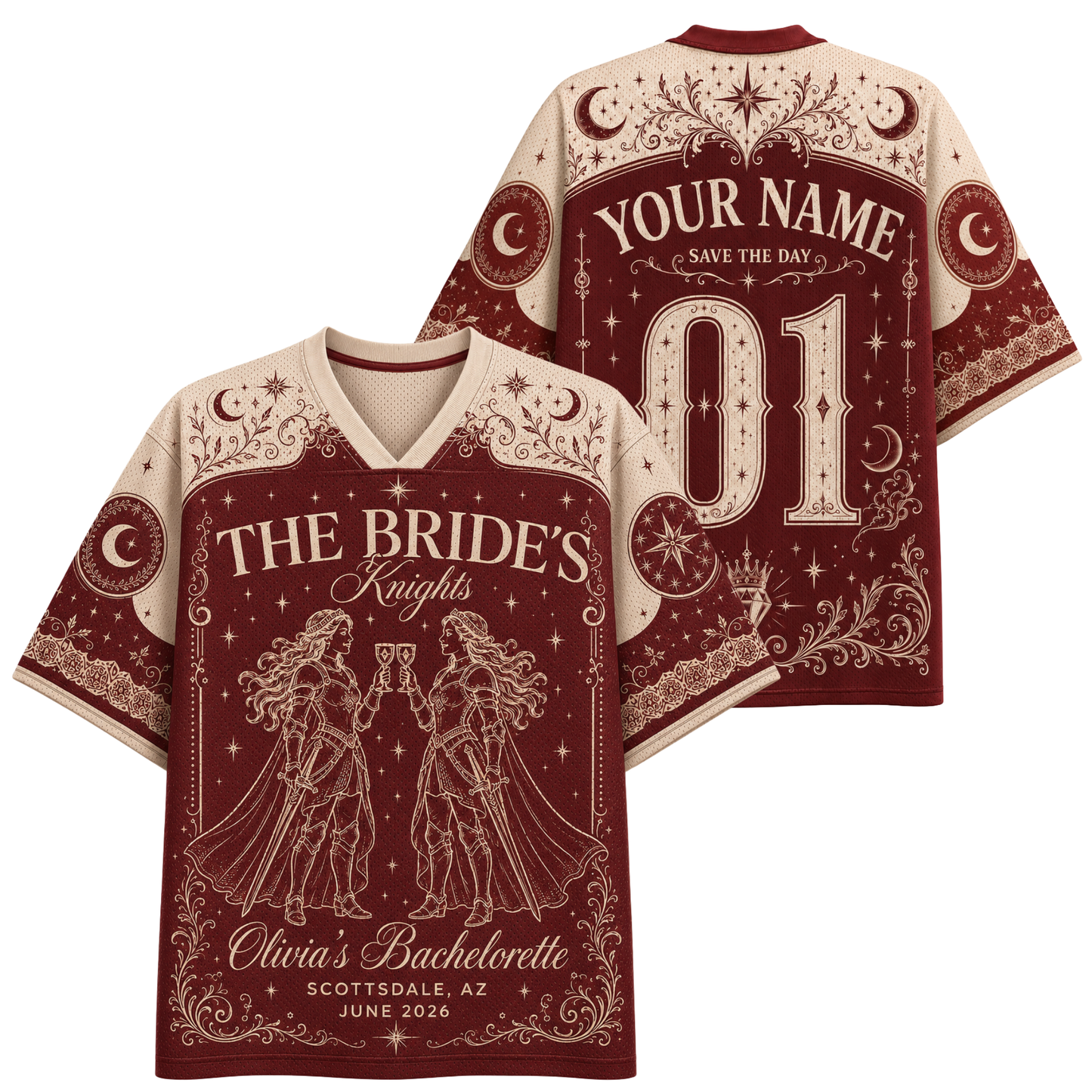 Front and back views of a short-sleeve V-neck jersey shirt in deep burgundy and cream, featuring gothic knight and bride illustrations, stars, crescent moons, and customizable text including 'THE BRIDE'S Knights', 'YOUR NAME', 'SAVE THE DAY', and '01'.