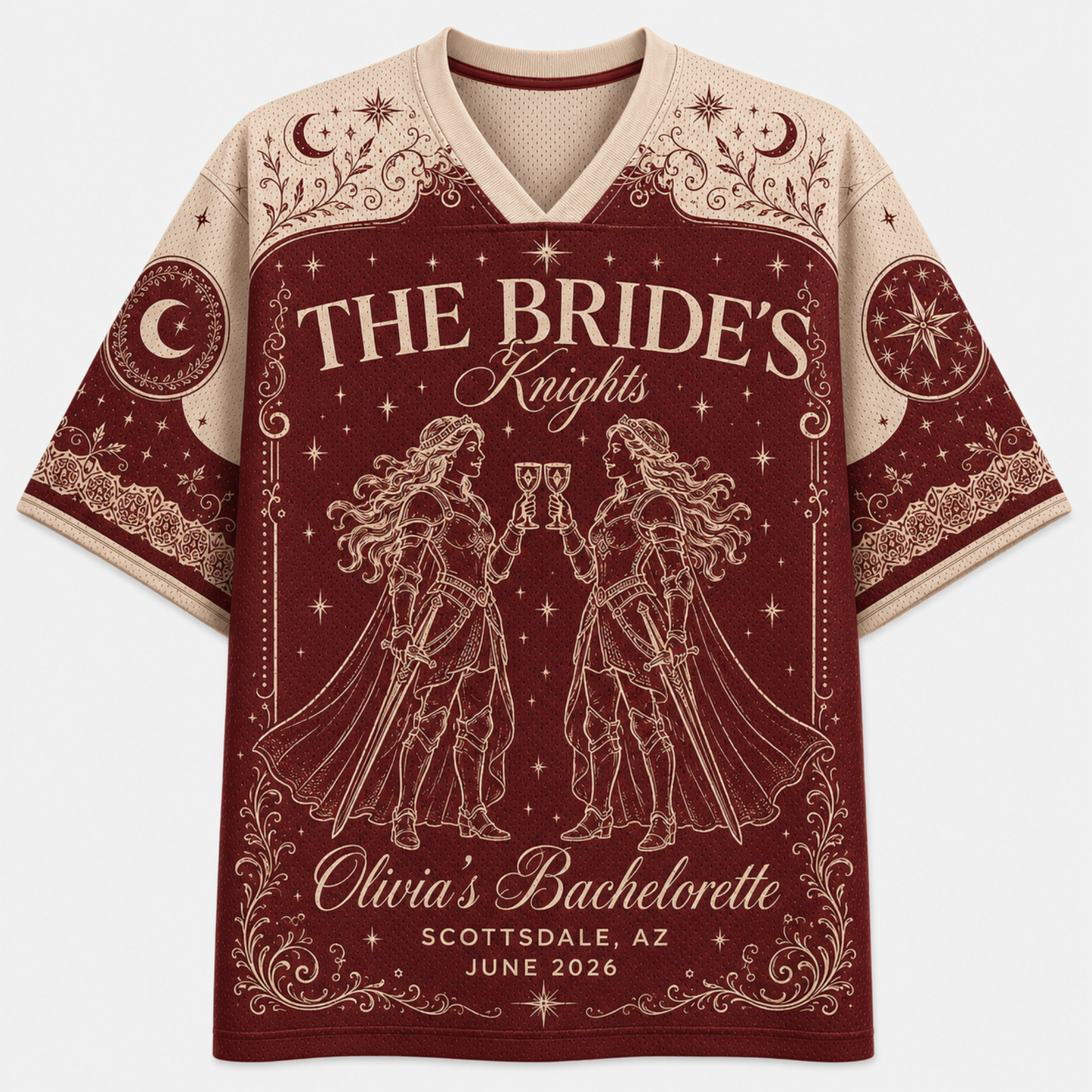 A short-sleeve V-neck t-shirt with a bachelorette graphic design. The shirt features a deep burgundy red body with cream-colored text reading 'THE BRIDE's Knights' and 'Olivia's Bachelorette', along with line-art illustrations of two knights holding cups under a crescent moon and stars.