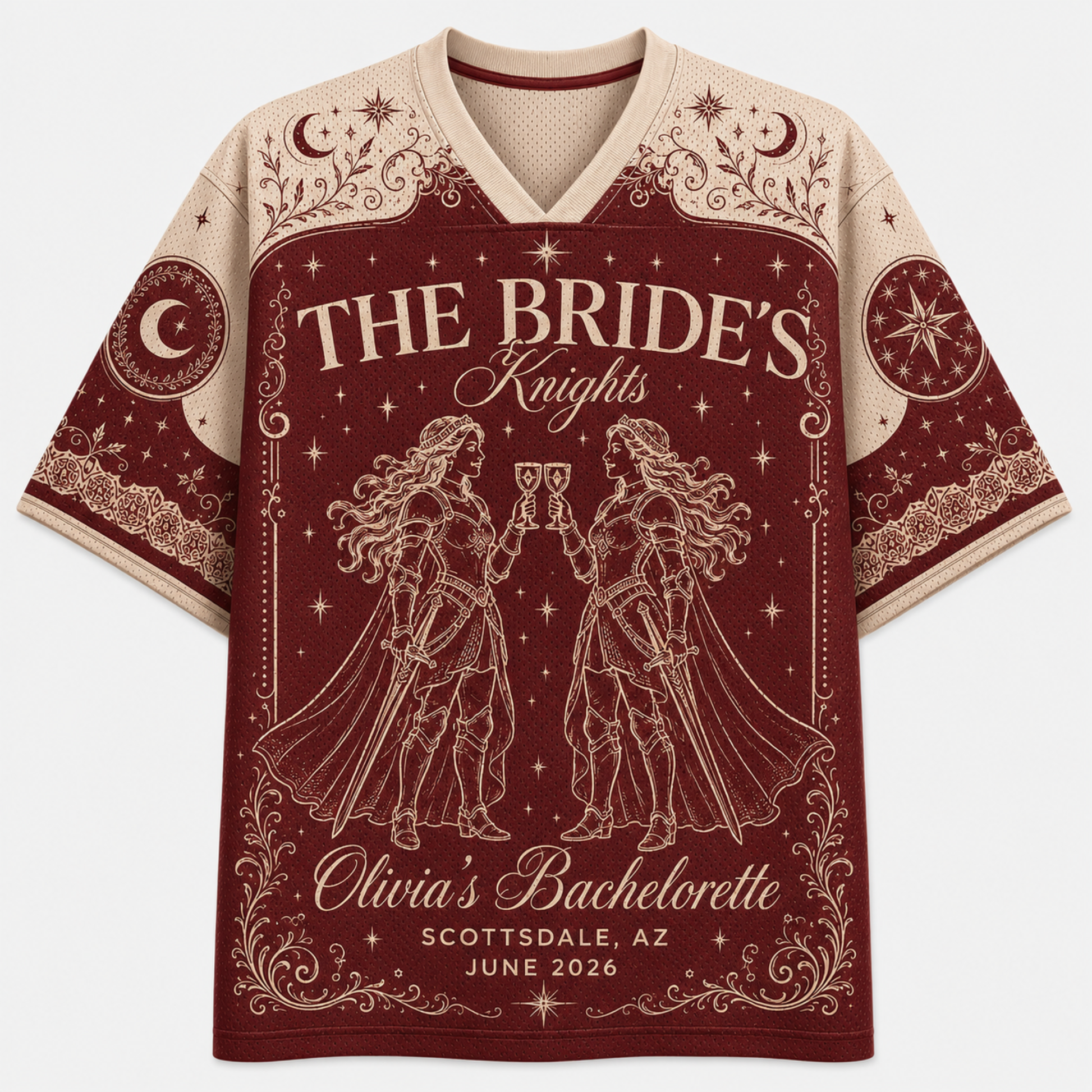 A short-sleeve V-neck t-shirt with a bachelorette graphic design. The shirt features a deep burgundy red body with cream-colored text reading 'THE BRIDE's Knights' and 'Olivia's Bachelorette', along with line-art illustrations of two knights holding cups under a crescent moon and stars.