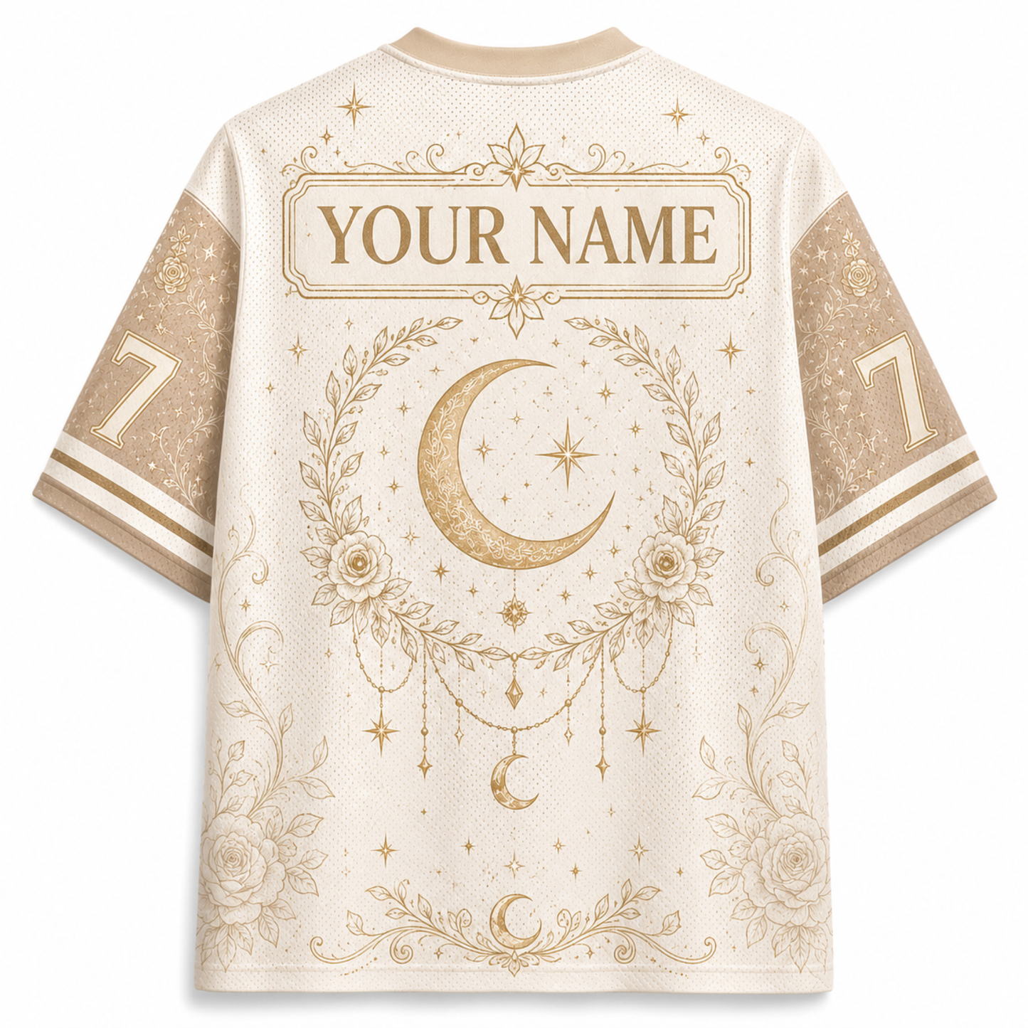 Back view of a short-sleeve athletic jersey in cream with gold celestial graphics, including a large crescent moon, stars, floral wreath, and a customizable name patch reading 'YOUR NAME'.