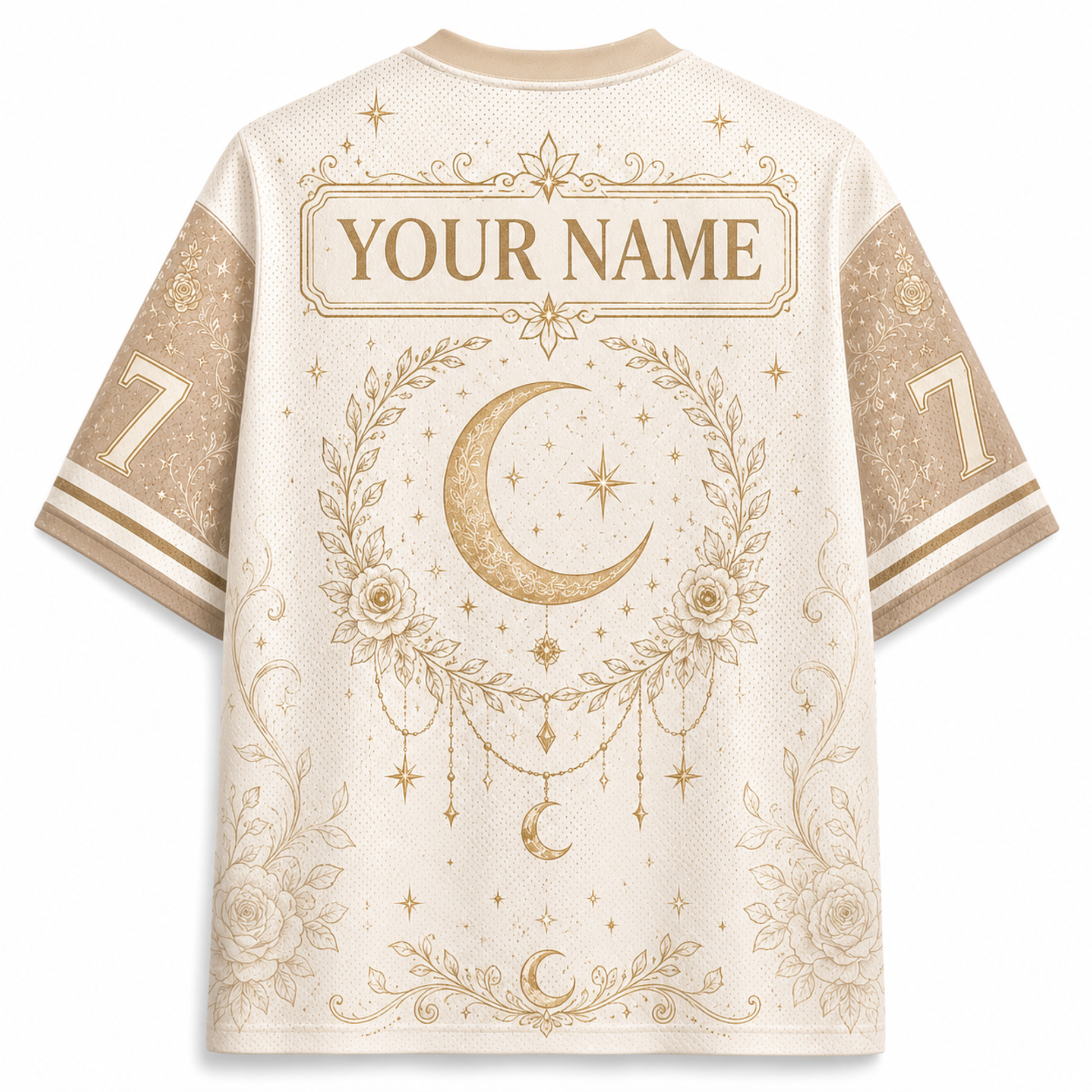 Back view of a short-sleeve athletic jersey in cream with gold celestial graphics, including a large crescent moon, stars, floral wreath, and a customizable name patch reading 'YOUR NAME'.