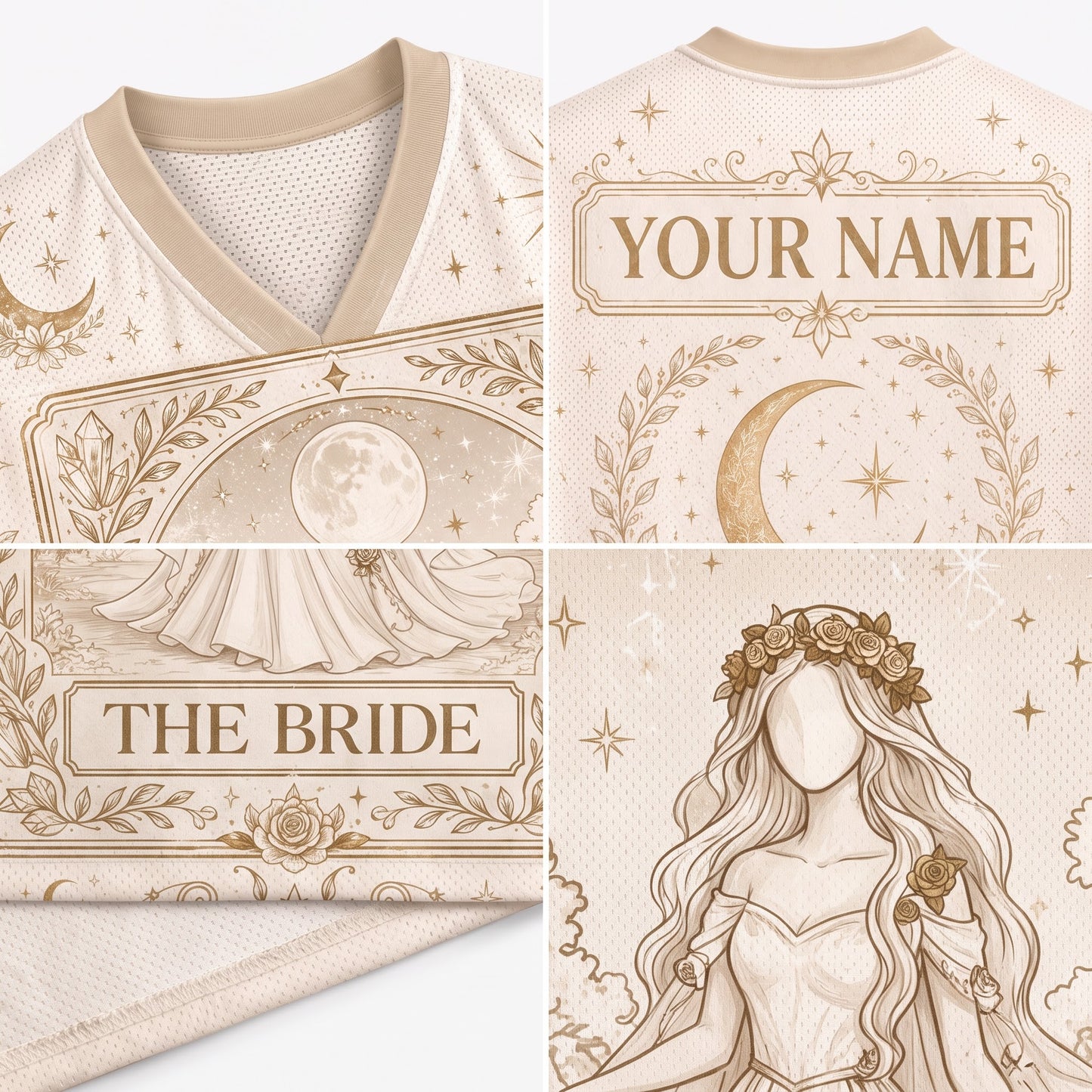 A four-panel product mockup showing a cream-colored V-neck top with beige printed designs. The top-left panel shows the collar and upper chest with a moon and floral border.