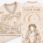 A four-panel product mockup showing a cream-colored V-neck top with beige printed designs. The top-left panel shows the collar and upper chest with a moon and floral border.