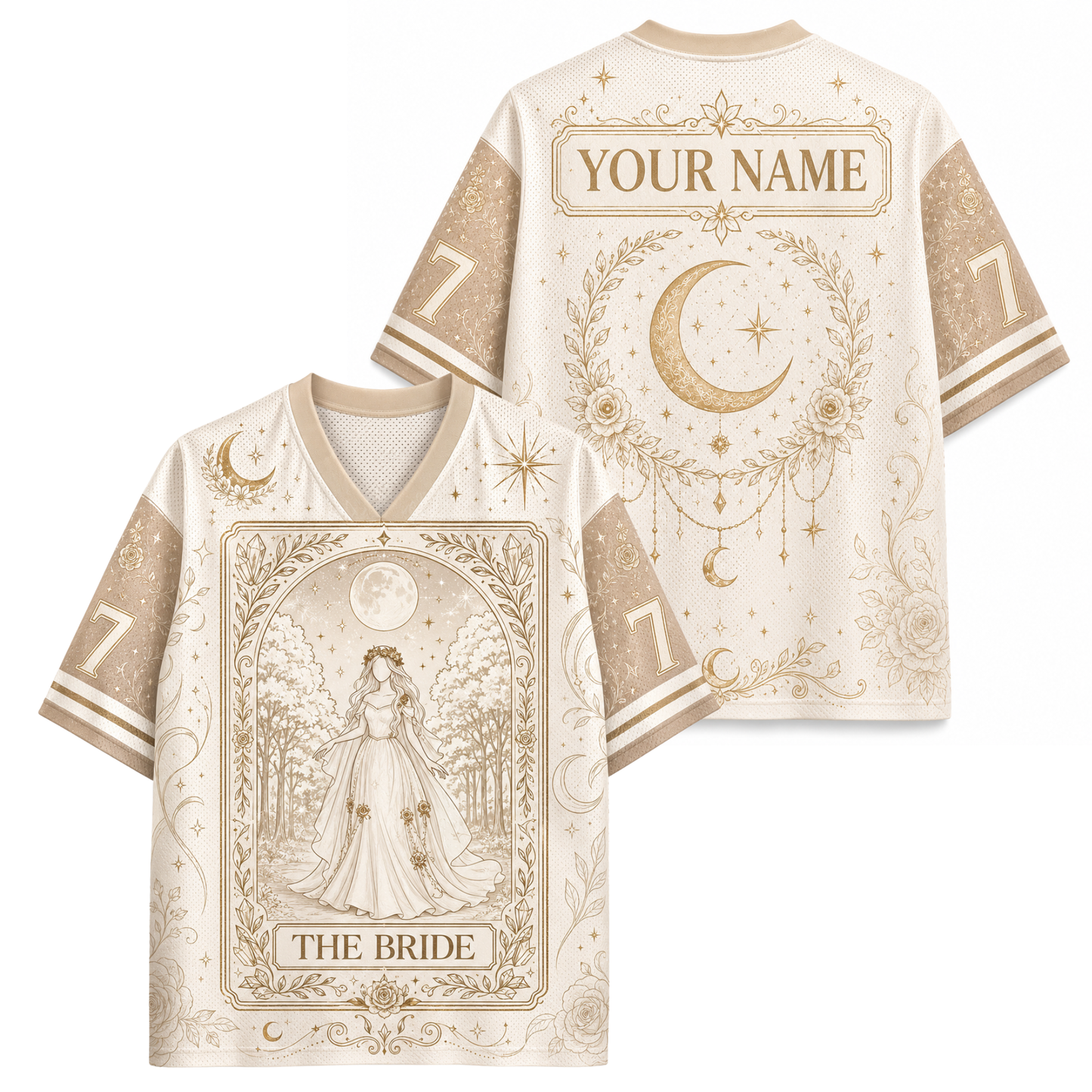 Front and back views of a custom short-sleeve V-neck jersey in cream and gold, featuring celestial designs including crescent moons, stars, and floral borders. The front displays an illustration of a bride in a forest with the text 'THE BRIDE', and the back shows 'YOUR NAME' in a decorative banner.