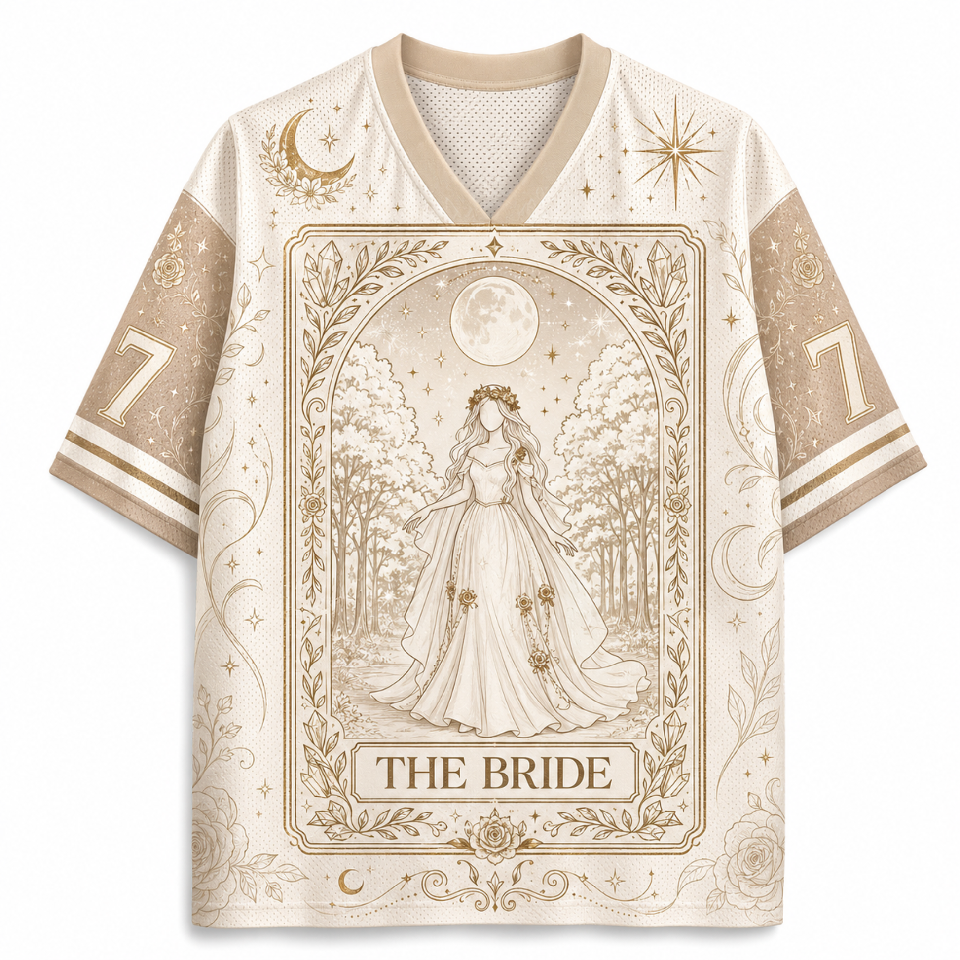 A short-sleeve V-neck jersey-style shirt in warm cream and beige with a large central tarot-card-inspired illustration reading "THE BRIDE," plus moon, star, and floral decorative motifs on the sleeves and body.