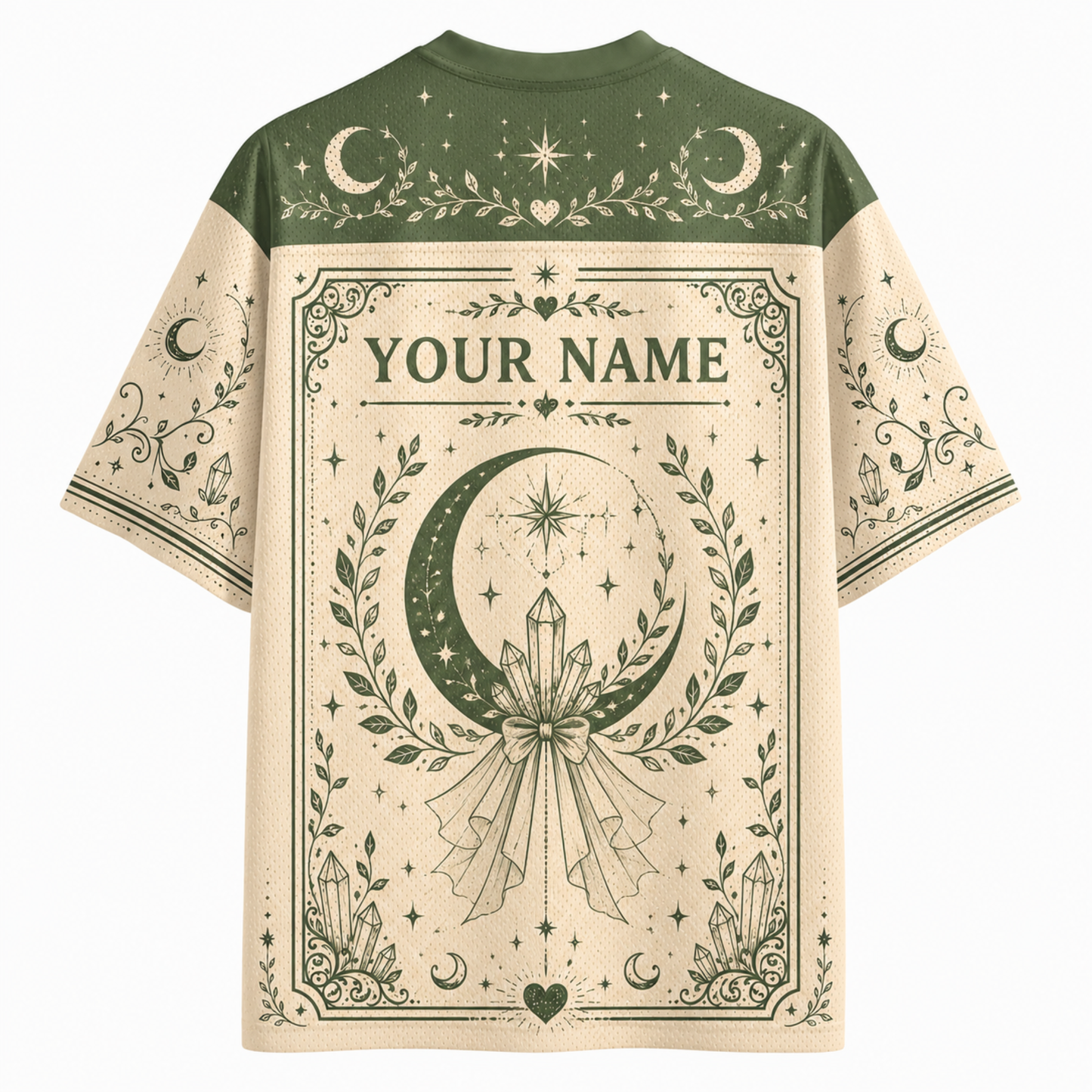 A short-sleeve t-shirt with a celestial and occult-themed graphic print. The shirt features a dark olive green yoke and sleeves with moon and star illustrations, and a large cream-colored central panel with 'YOUR NAME' printed in gothic lettering above a large crescent moon and crystal design.