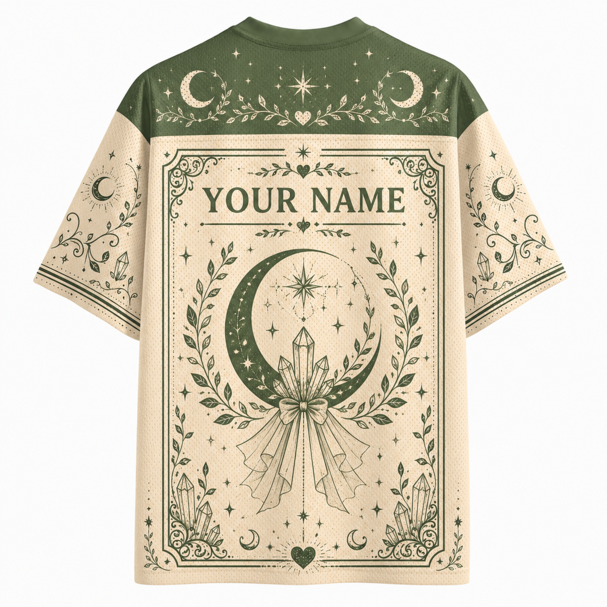 A short-sleeve t-shirt with a celestial and occult-themed graphic print. The shirt features a dark olive green yoke and sleeves with moon and star illustrations, and a large cream-colored central panel with 'YOUR NAME' printed in gothic lettering above a large crescent moon and crystal design.