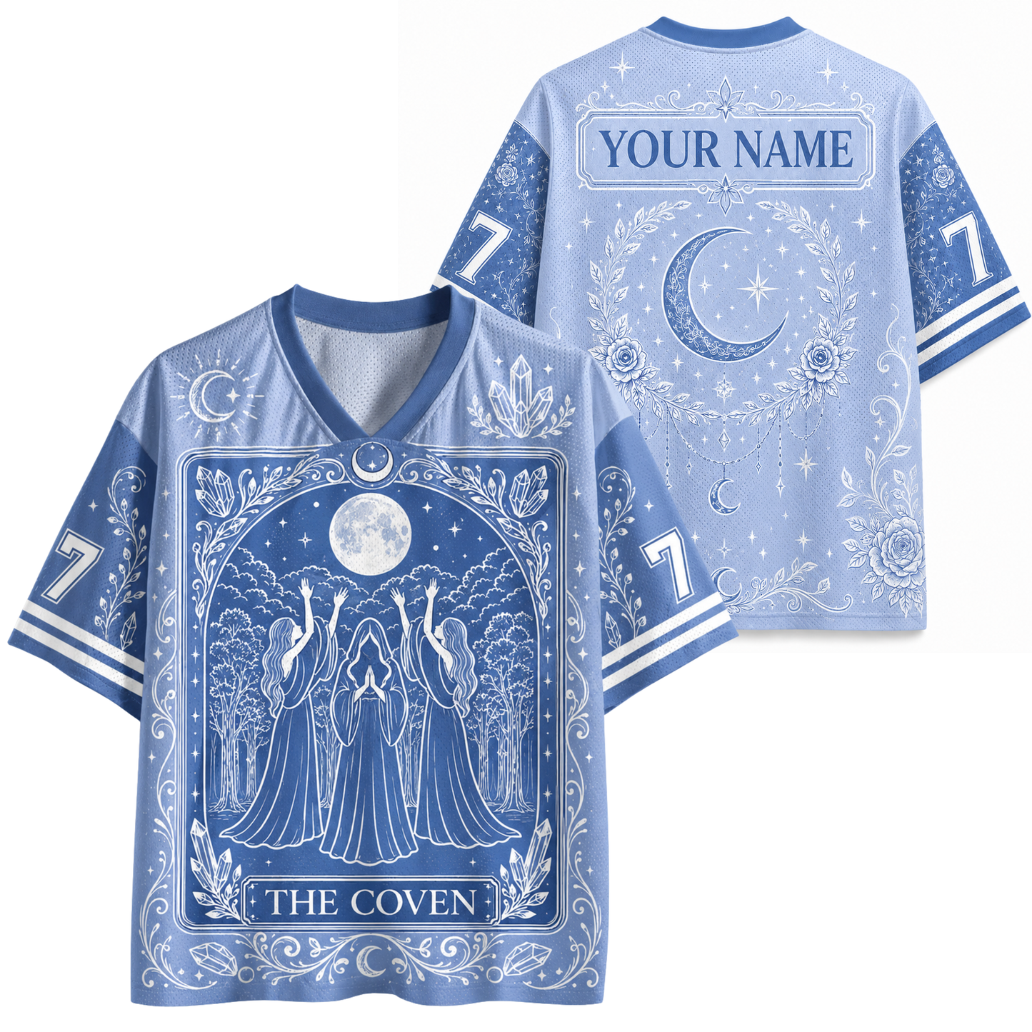 Front and back views of a light blue V-neck jersey with a detailed blue and white celestial 'The Coven' tarot card design, featuring a customizable name patch on the back.