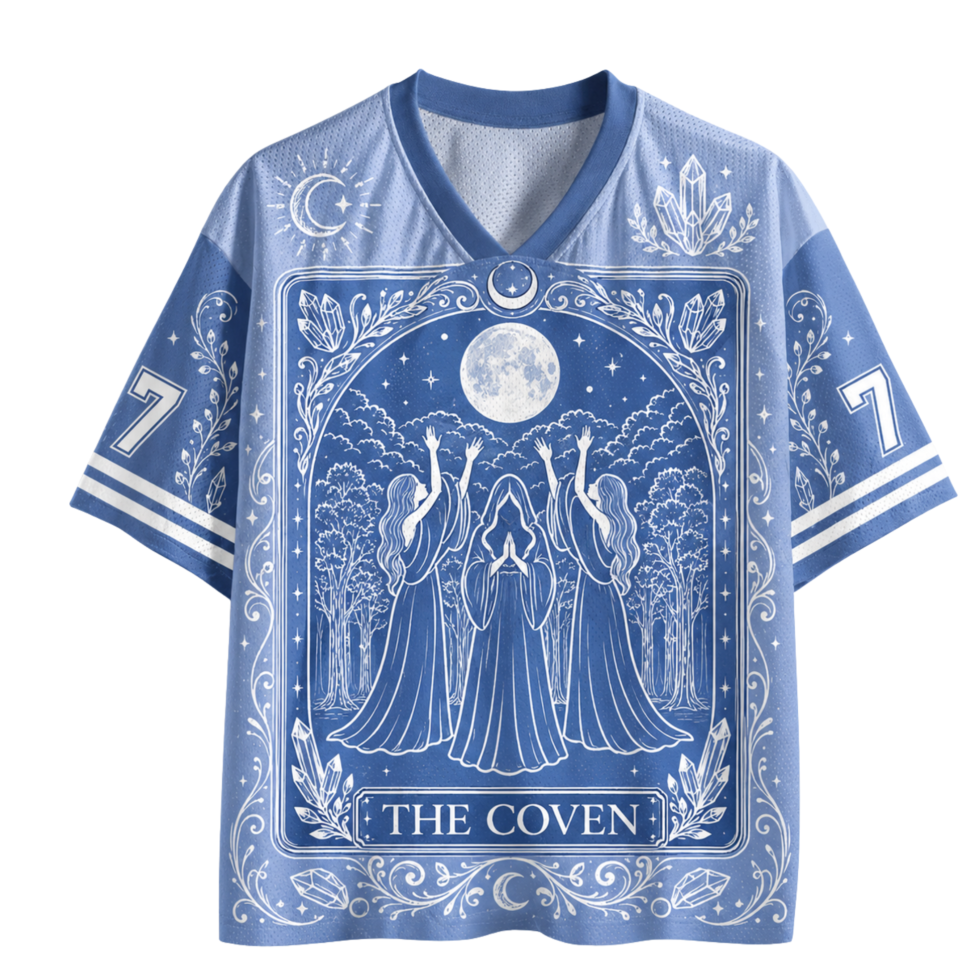 A blue and white short-sleeve V-neck t-shirt featuring a 'The Coven' tarot card design with a full moon, coven figures, and ornate celestial patterns.