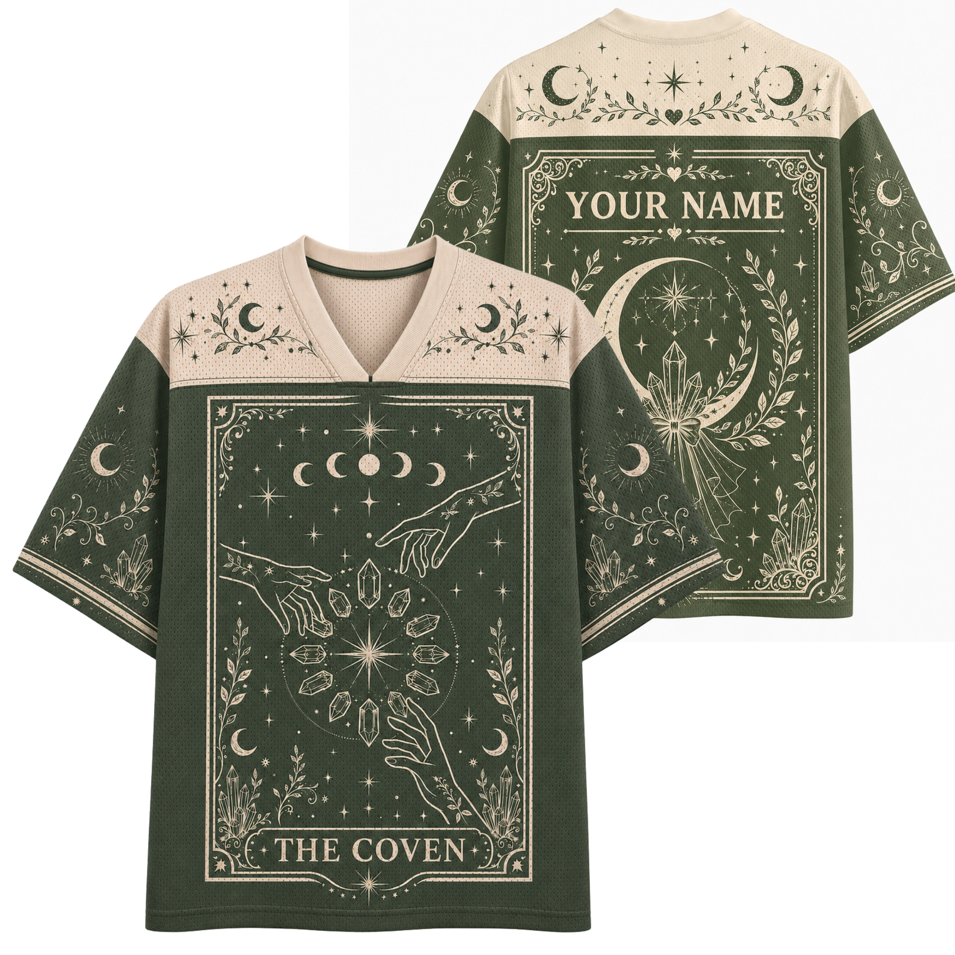 A dark green and beige V-neck t-shirt with celestial and tarot card themed graphics, shown in both front and back views. The front features 'THE COVEN' text and moon phases, while the back displays 'YOUR NAME' in a decorative frame.