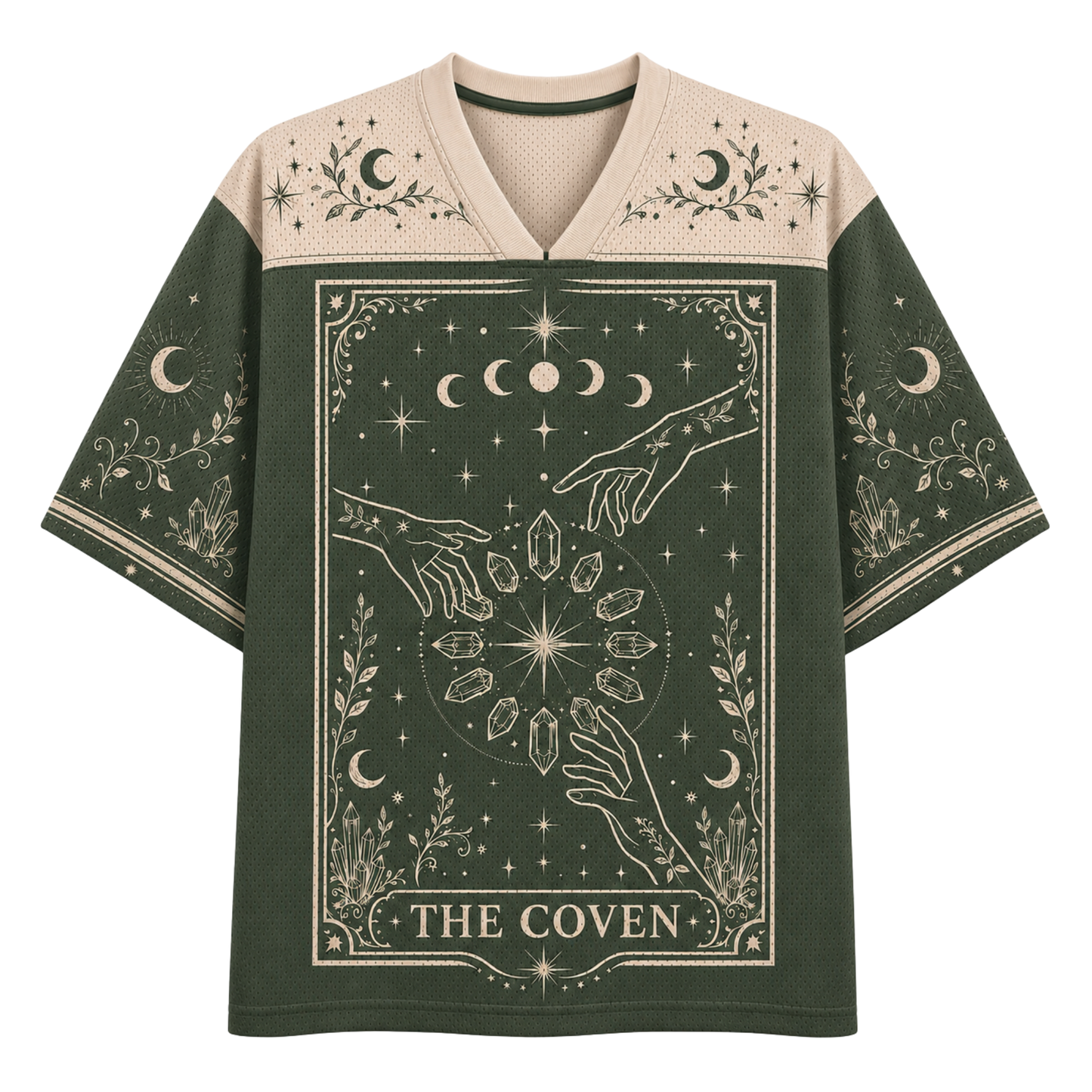 A short-sleeve V-neck t-shirt with a Halloween theme, featuring the text 'LET ME OUT!' in distressed white letters over a dark brown and black background with handprints, skulls, ghosts, and stars.