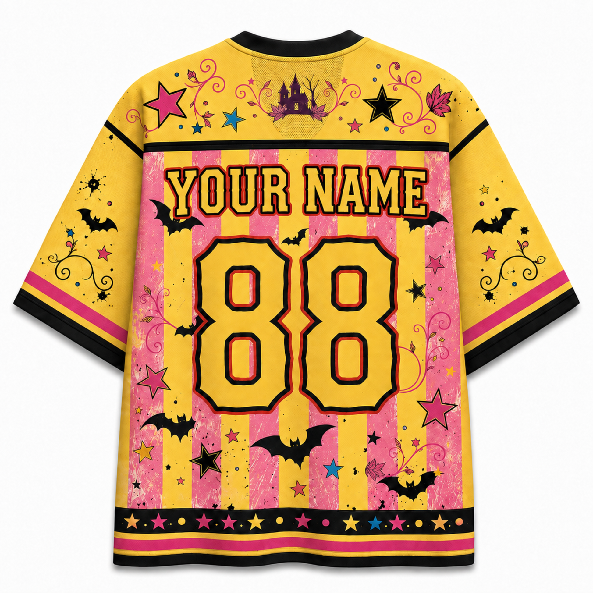 A yellow and pink striped short-sleeve jersey shown from the back, featuring customizable text 'YOUR NAME' and the number '88' in large yellow letters. The design includes black bats, pink and yellow stars, black swirls, a purple castle, and a black top and bottom hem.