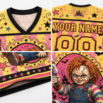 A four-panel product collage showing a custom-printed V-neck jersey top. The design features a yellow, pink, and black sports jersey base with horror-themed graphics, including a character with red hair holding a knife, stars, bats, a haunted house, and customizable text reading 'YOUR NAME' and '00' on the back.