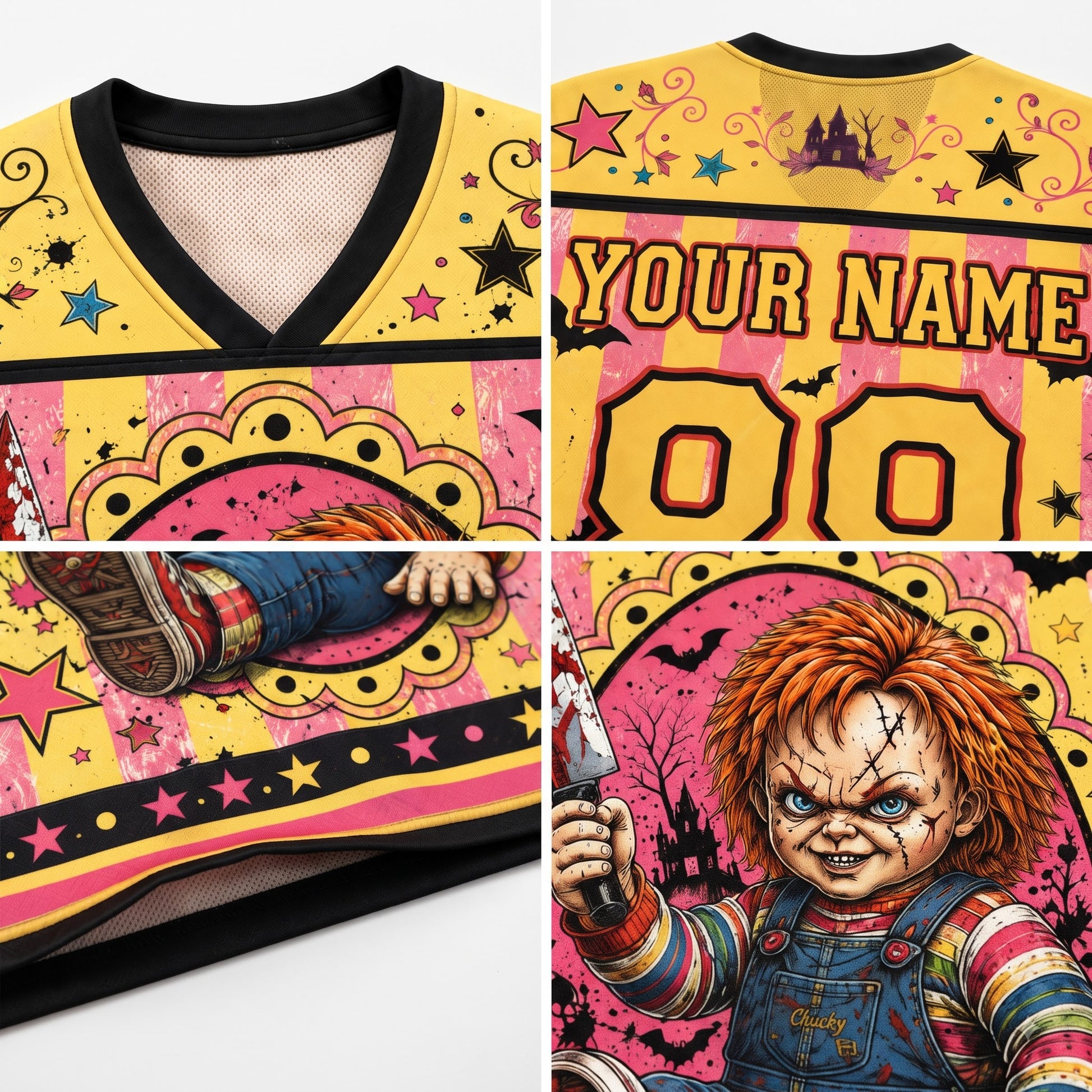 A four-panel product collage showing a custom-printed V-neck jersey top. The design features a yellow, pink, and black sports jersey base with horror-themed graphics, including a character with red hair holding a knife, stars, bats, a haunted house, and customizable text reading 'YOUR NAME' and '00' on the back.