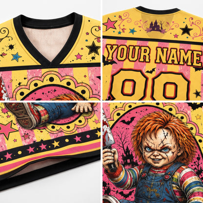 A four-panel product collage showing a custom-printed V-neck jersey top. The design features a yellow, pink, and black sports jersey base with horror-themed graphics, including a character with red hair holding a knife, stars, bats, a haunted house, and customizable text reading 'YOUR NAME' and '00' on the back.
