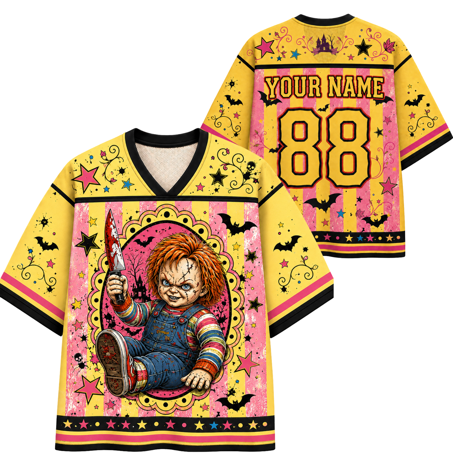 A custom hockey-style jersey shown from the front and back on a white background. The jersey features a yellow and pink Halloween theme with a graphic of Chucky holding a knife on the front, and customizable text 'YOUR NAME' and number '88' on the back.