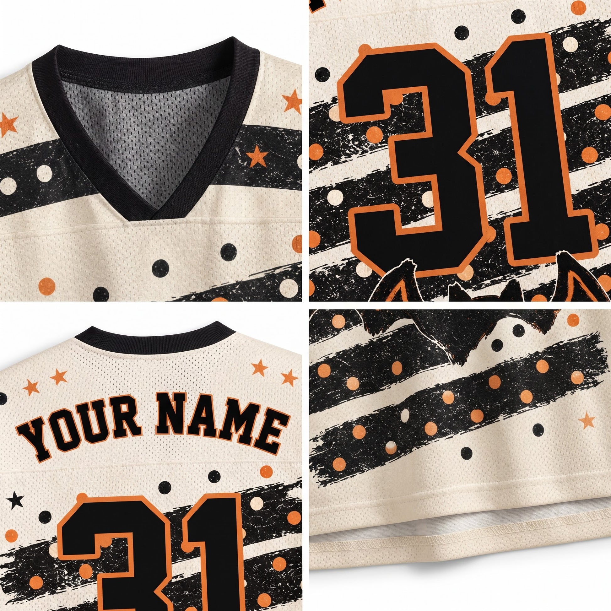 A four-panel close-up collage of a custom hockey-style jersey. The jersey has a cream mesh body with black and orange Halloween-themed graphics, including stars, stripes, polka dots, and the number 31.
