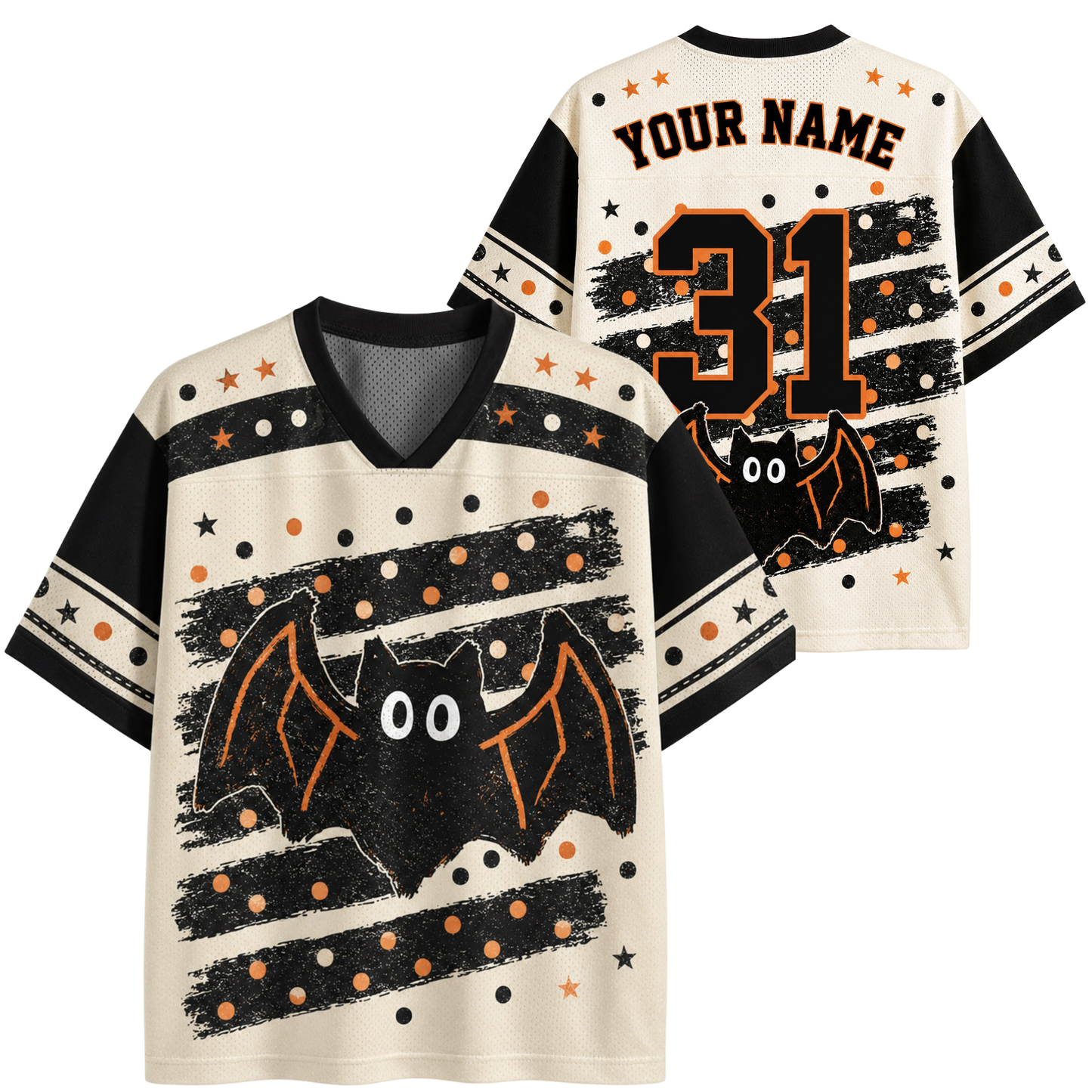 A Halloween-themed football-style jersey shown from the front and back on a plain white background. The shirt has a cream base with black sleeves and collar, black and orange horizontal brushstroke stripes, small orange and black stars, and a large black bat graphic with orange outlines on the front.