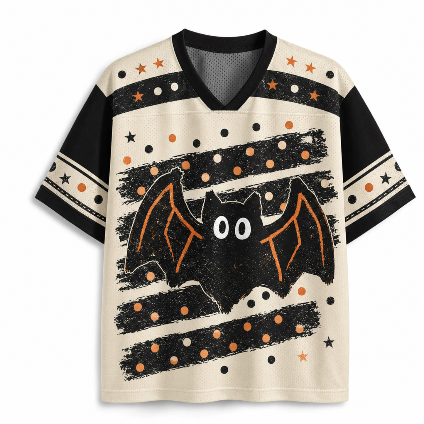 A short-sleeve V-neck t-shirt with a Halloween theme, featuring a large black bat graphic with orange wings on a cream background with black and orange polka dot stripes.
