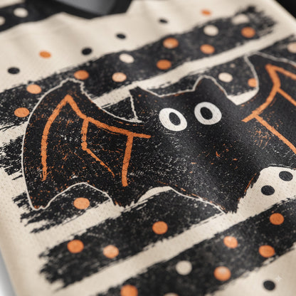 A close-up of a Halloween-themed fabric item, likely a tote bag or blanket, featuring a black bat print with orange accents on a cream-colored background with black and orange polka dots.