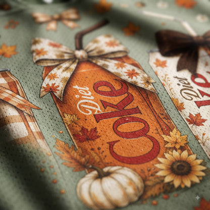 A close-up of a printed fabric featuring an autumn-themed 'Diet Coke' bottle design with a pumpkin, sunflower, maple leaves, and bows on a muted sage green background.