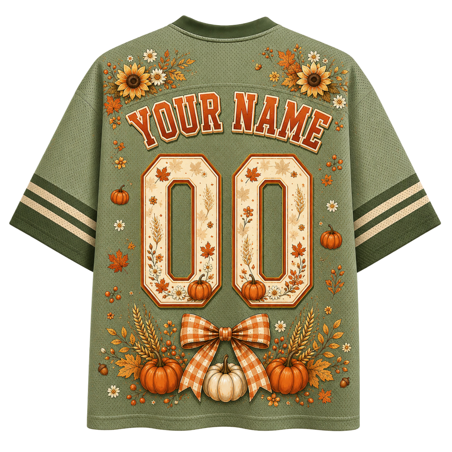 The back of an olive green short-sleeve athletic-style shirt with a personalized fall theme. The design features 'YOUR NAME' and '00' in orange varsity lettering, decorated with pumpkins, autumn leaves, sunflowers, and a gingham bow on a solid green mesh fabric.
