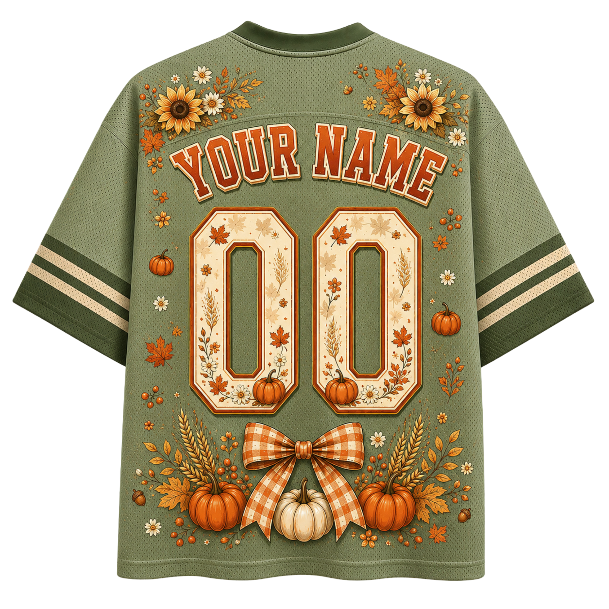 The back of an olive green short-sleeve athletic-style shirt with a personalized fall theme. The design features 'YOUR NAME' and '00' in orange varsity lettering, decorated with pumpkins, autumn leaves, sunflowers, and a gingham bow on a solid green mesh fabric.