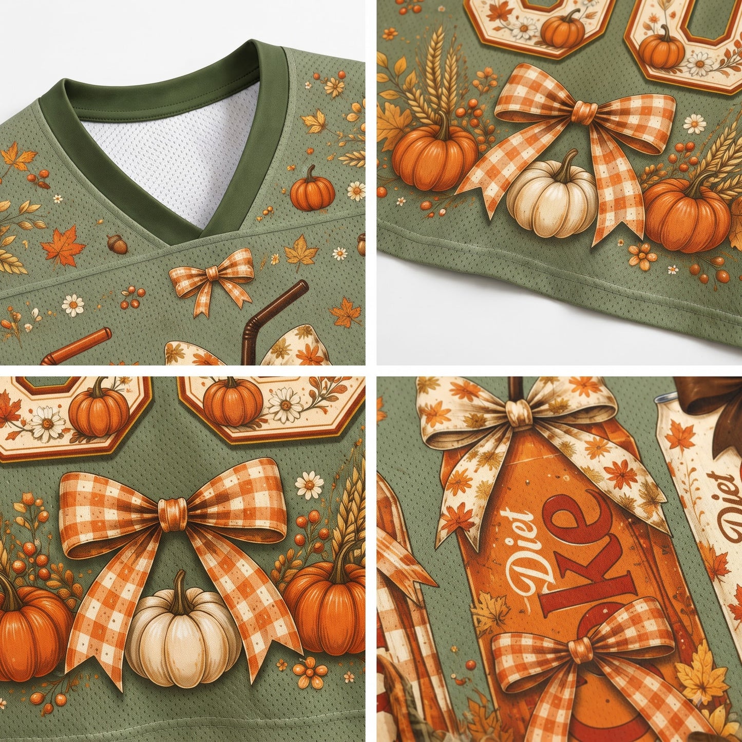 A four-panel close-up collage of a V-neck athletic jersey fabric, showing an autumn-themed print with pumpkins, gingham bows, leaves, and a 'Diet Coke' tag design on an olive green mesh base.